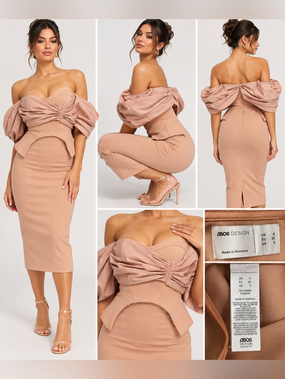 ASOS DESIGN Poplin Overlay Corset Off Shoulder Midi Dress Nude US 0 NWT